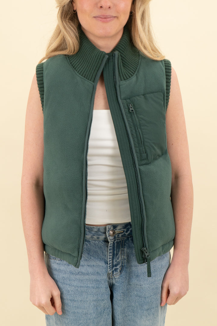 sweat betty dark green fleece puff vest (s; retail $168)