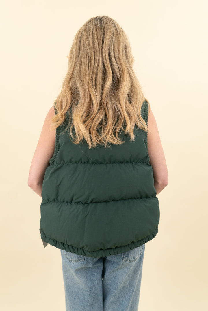 sweat betty dark green fleece puff vest (s; retail $168)