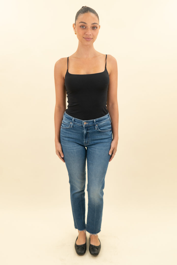 mother the rascal ankle fray mid rise slim straight in medium wash jean (27; retail $238)
