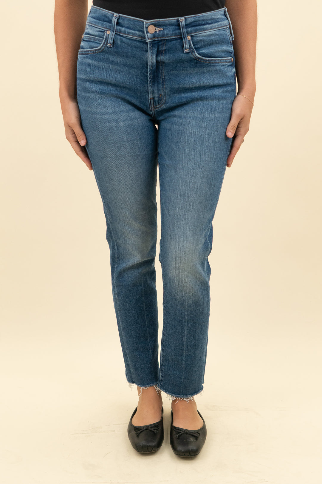 mother the rascal ankle fray mid rise slim straight in medium wash jean (27; retail $238)