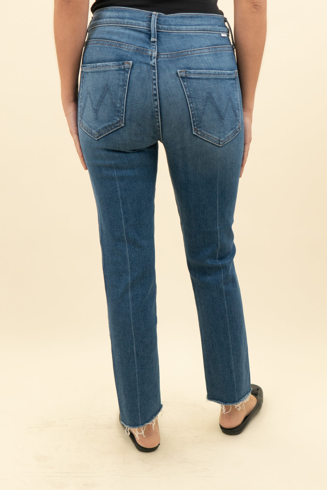 mother the rascal ankle fray mid rise slim straight in medium wash jean (27; retail $238)
