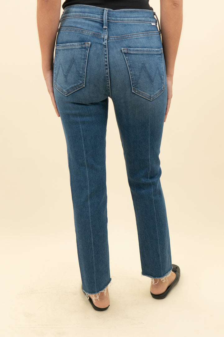 mother the rascal ankle fray mid rise slim straight in medium wash jean (27; retail $238)