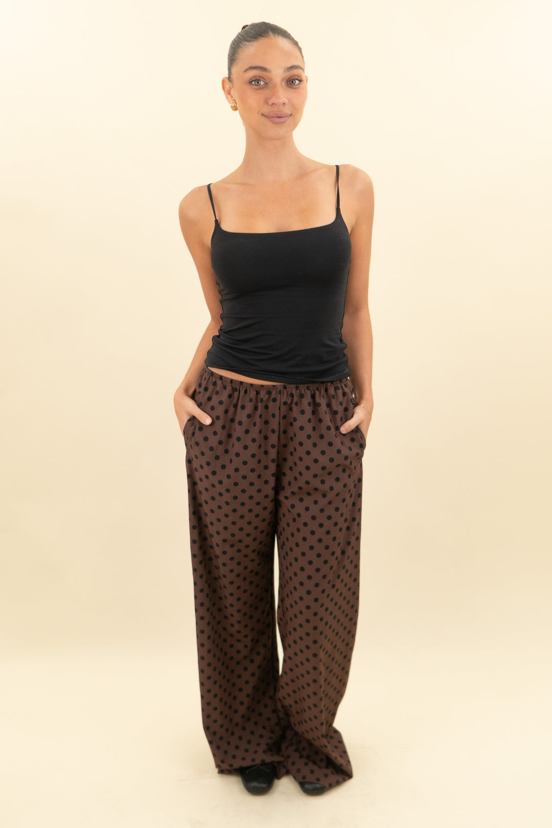 albion dark brown and black polka dot flare pants (st; retail $98)