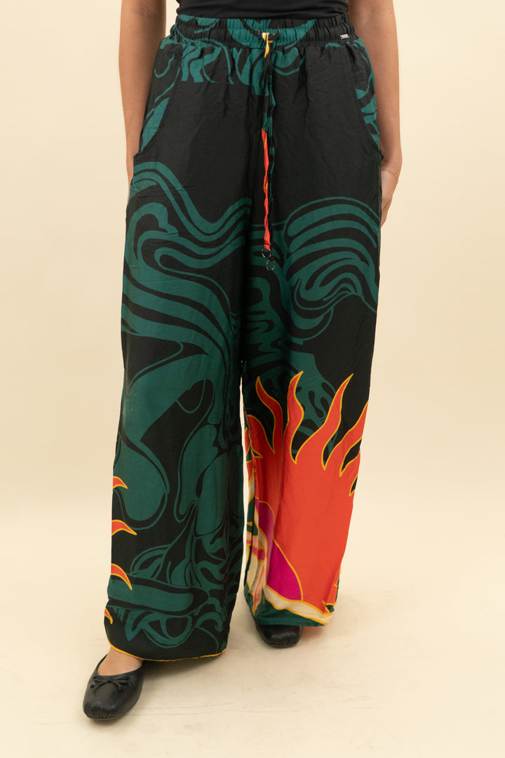 maaji green/black/orange drawstring pants w/ sun on leg (s; retail $144)