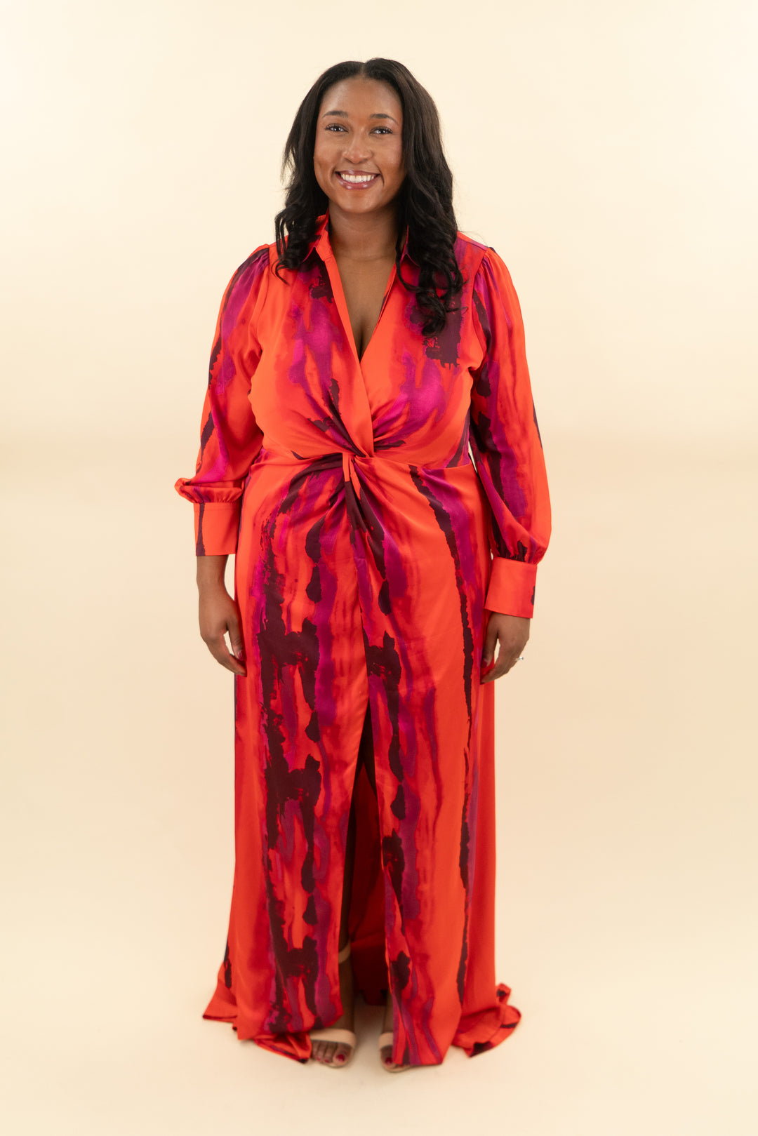 novaluxe l/s orange & purple dress w/ high slit (2x; retail $80)
