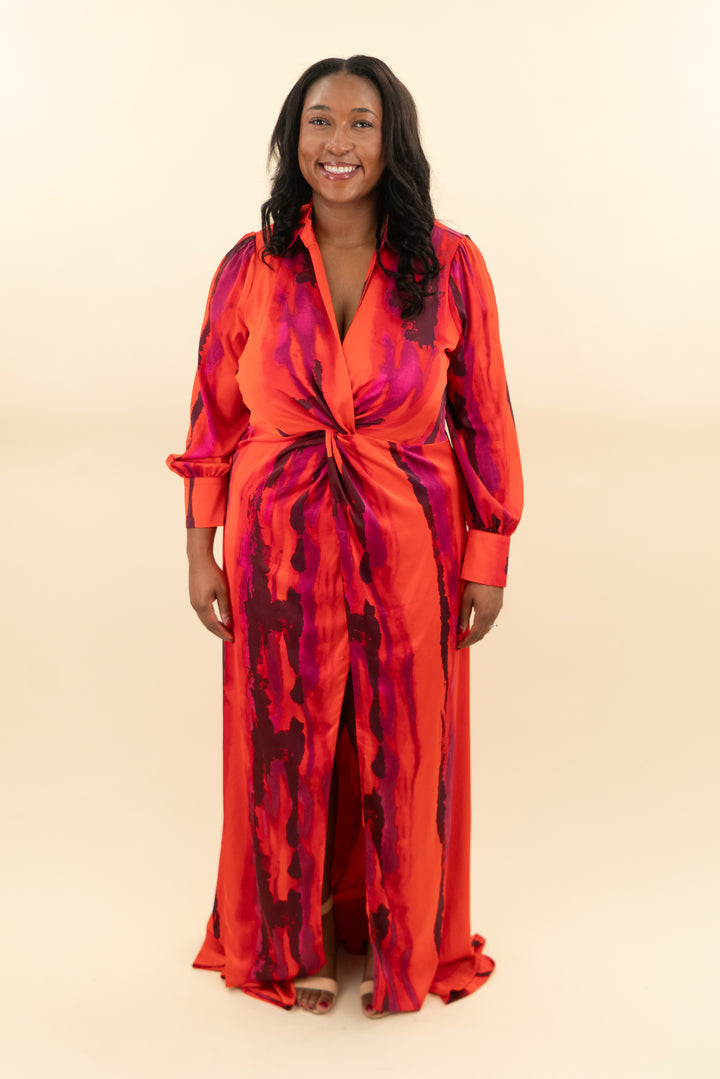 novaluxe l/s orange & purple dress w/ high slit (2x; retail $80)