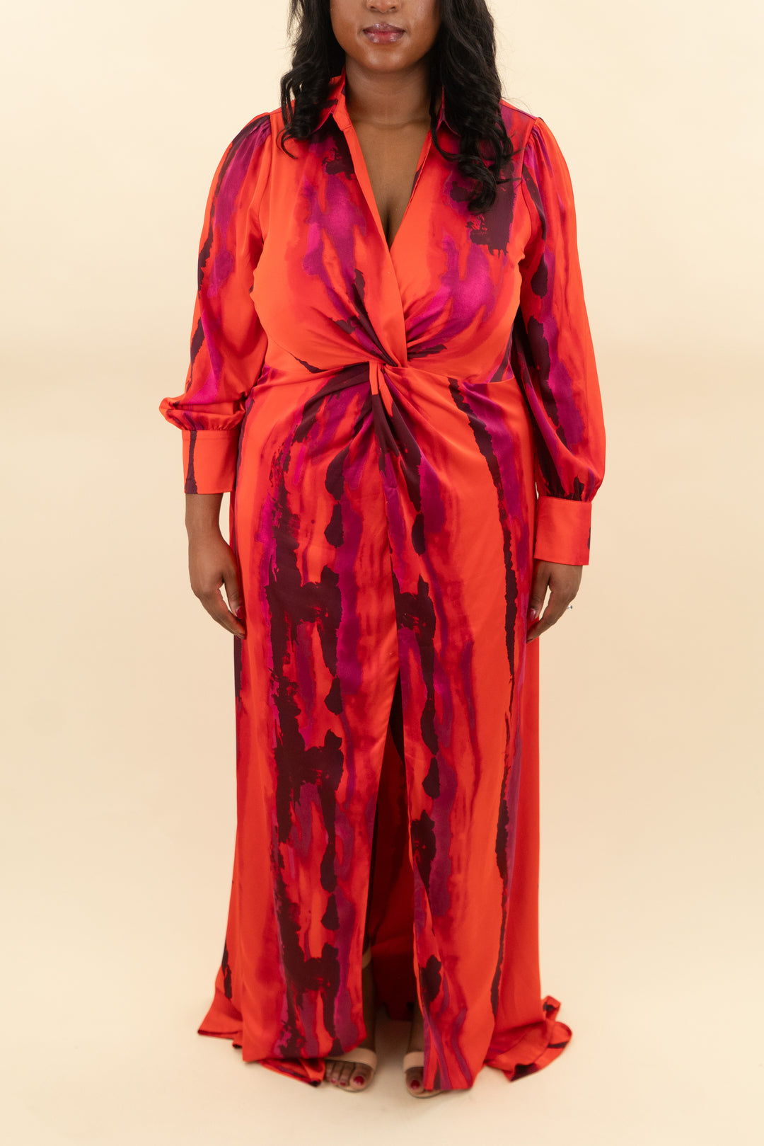 novaluxe l/s orange & purple dress w/ high slit (2x; retail $80)