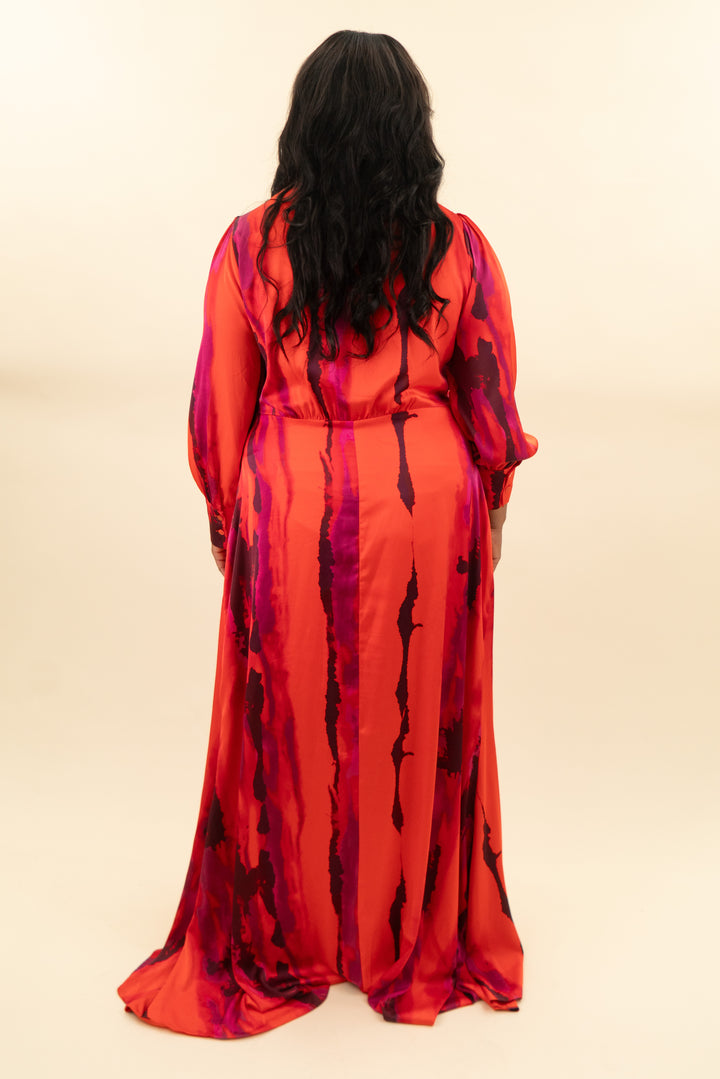 novaluxe l/s orange & purple dress w/ high slit (2x; retail $80)