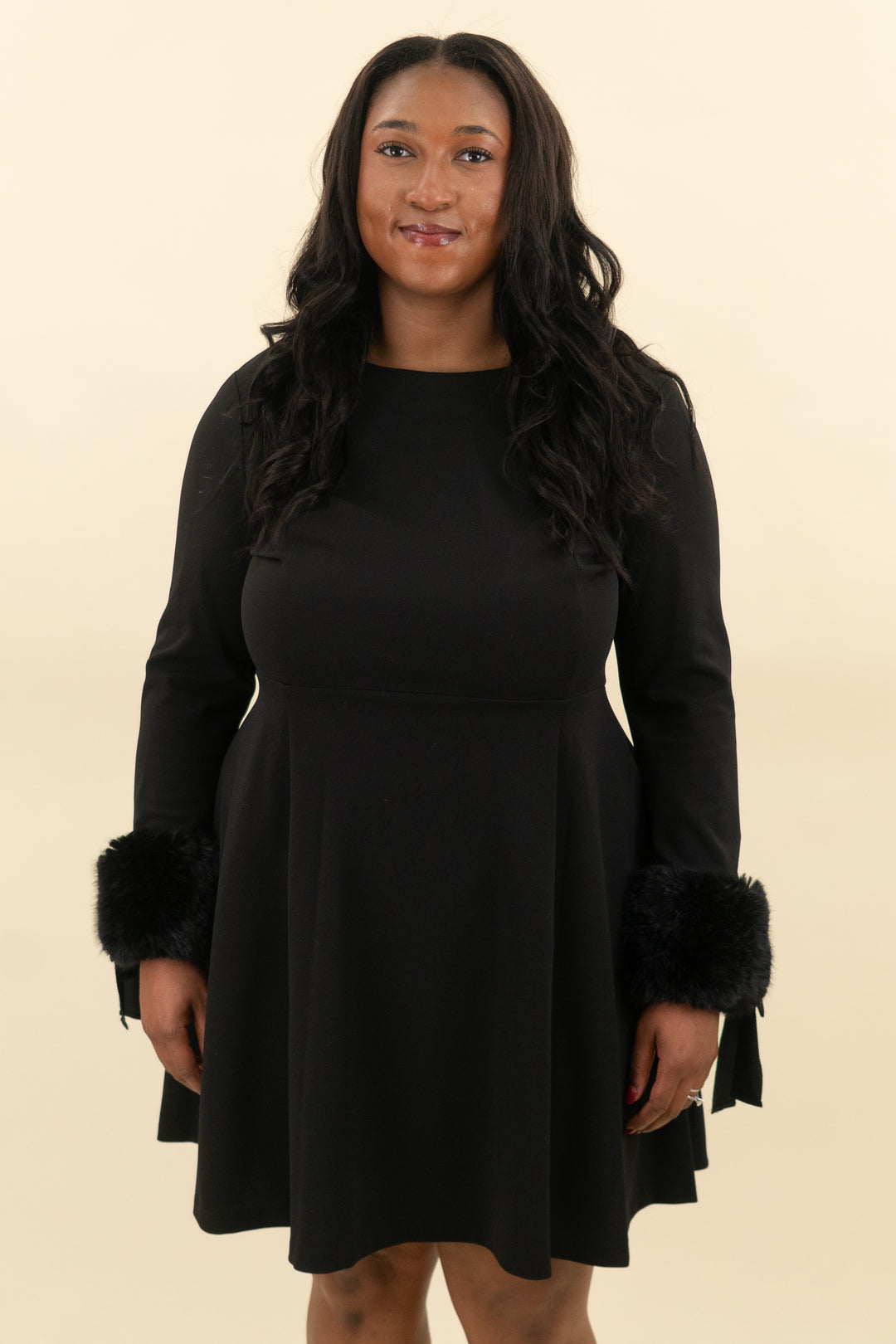 calvin klein black aline dress fur cuffs (16; retail $139)