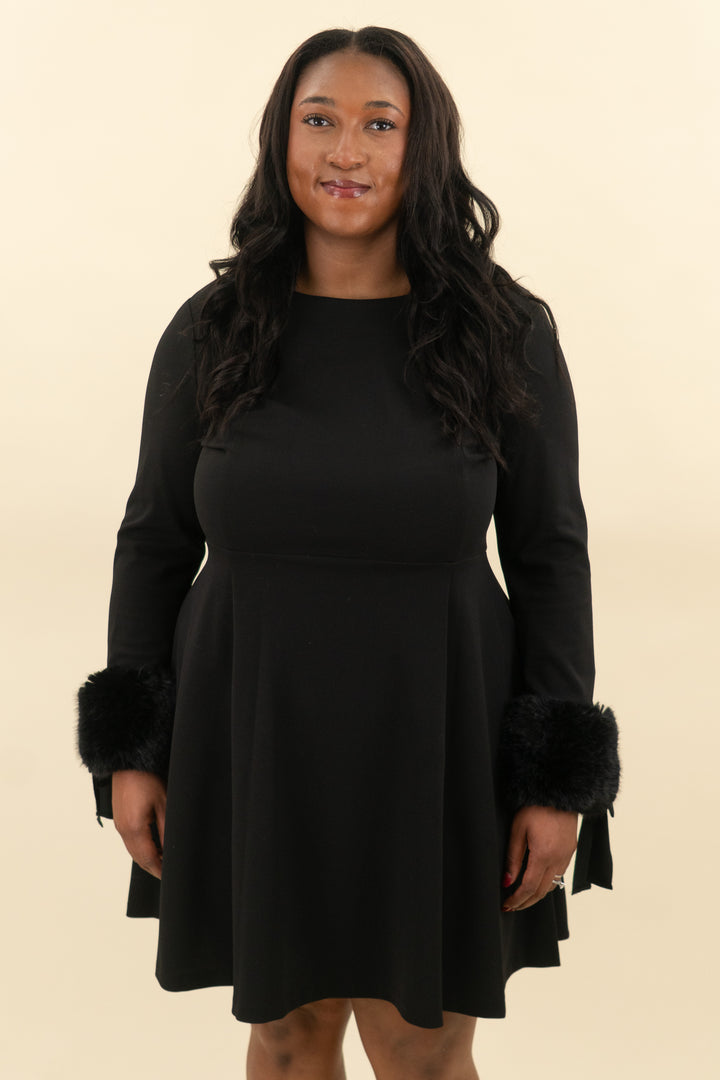 calvin klein black aline dress fur cuffs (16; retail $139)