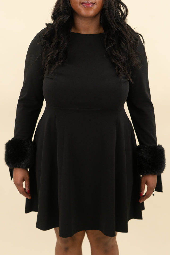 calvin klein black aline dress fur cuffs (16; retail $139)