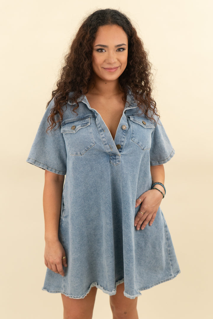 sofie the label medium wash short sleeve denim mini dress (l; retail $80)