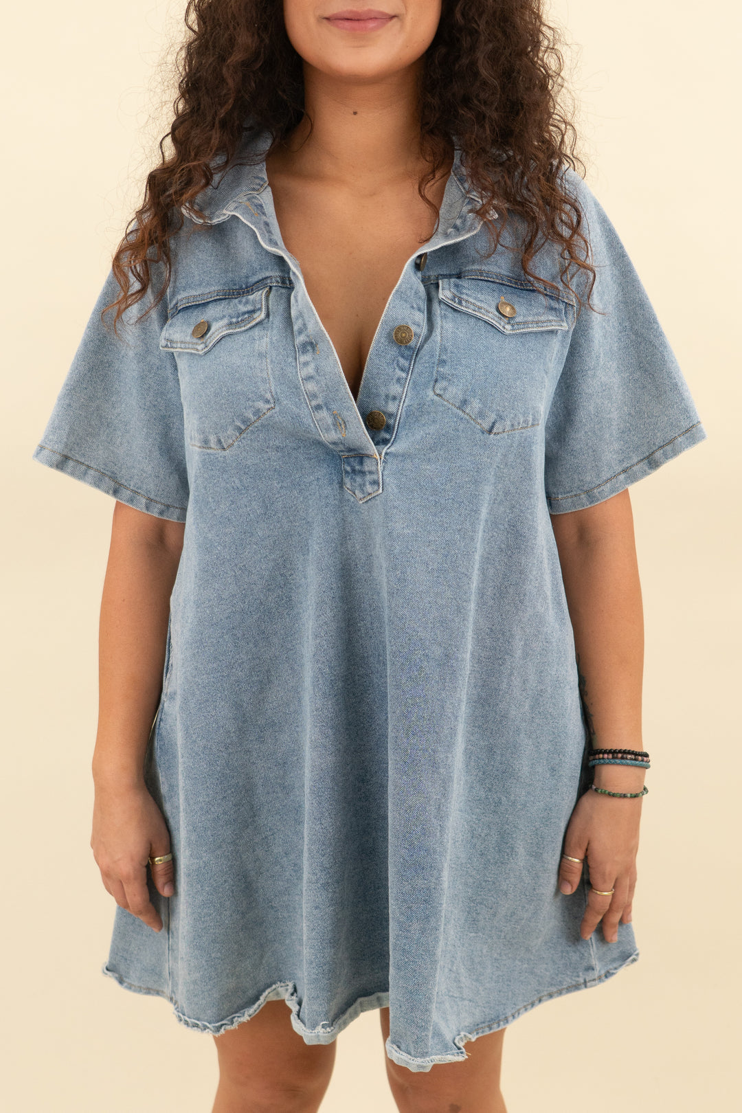 sofie the label medium wash short sleeve denim mini dress (l; retail $80)