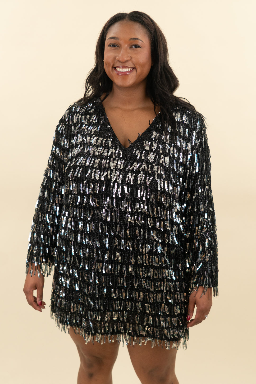 zara black & silver sequin fringe v neck dress (xxl; retail $89)