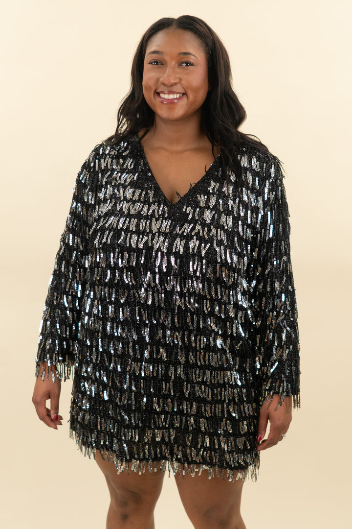 zara black & silver sequin fringe v neck dress (xxl; retail $89)