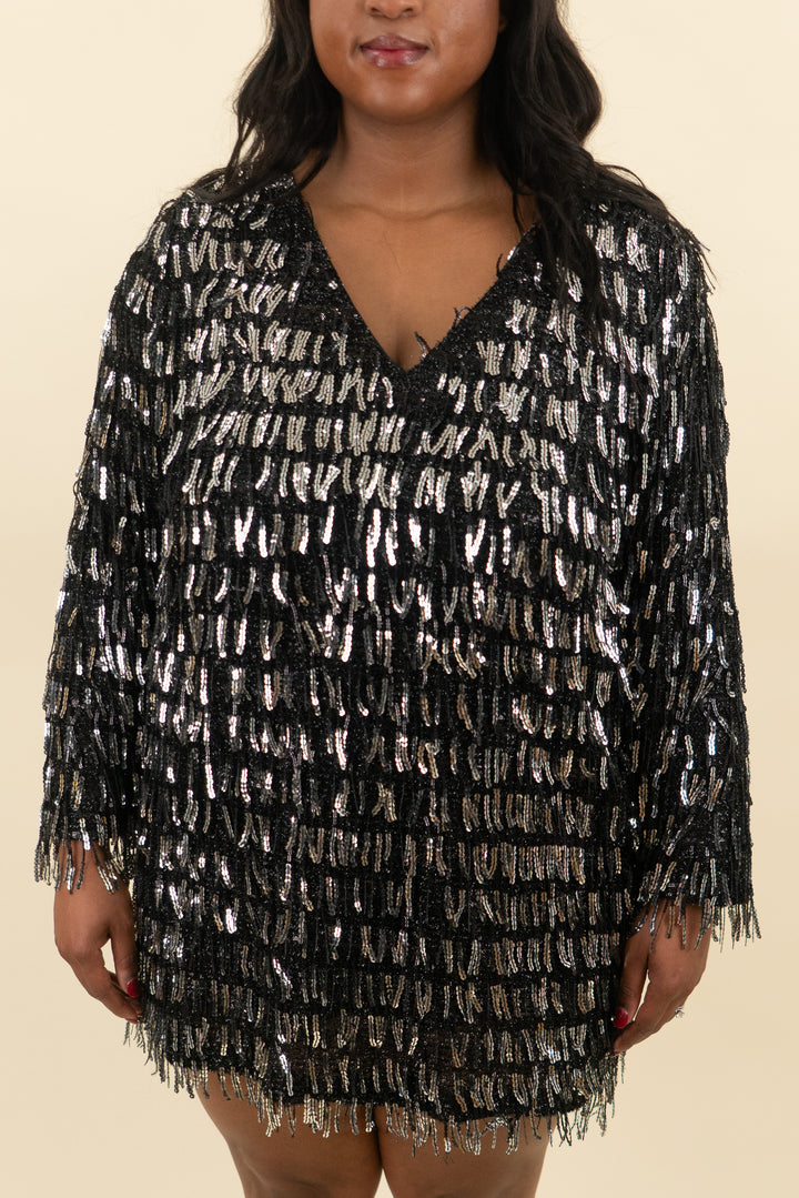 zara black & silver sequin fringe v neck dress (xxl; retail $89)