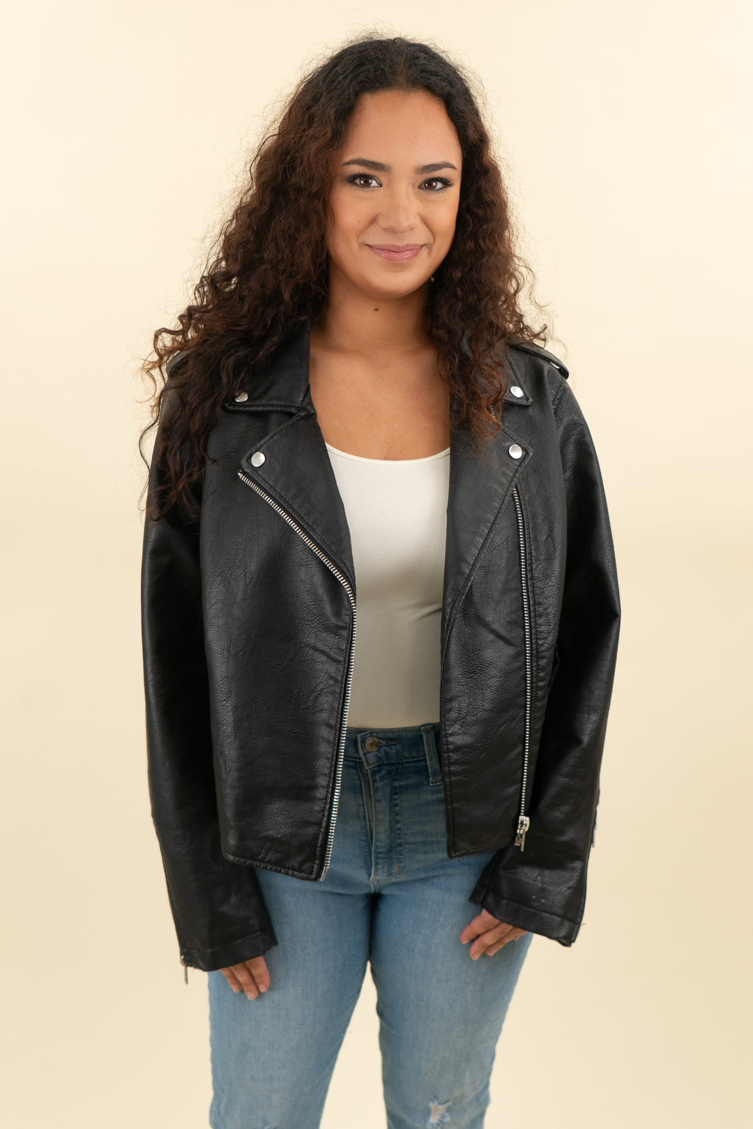 black faux leather moto jacket (l; retail $45)