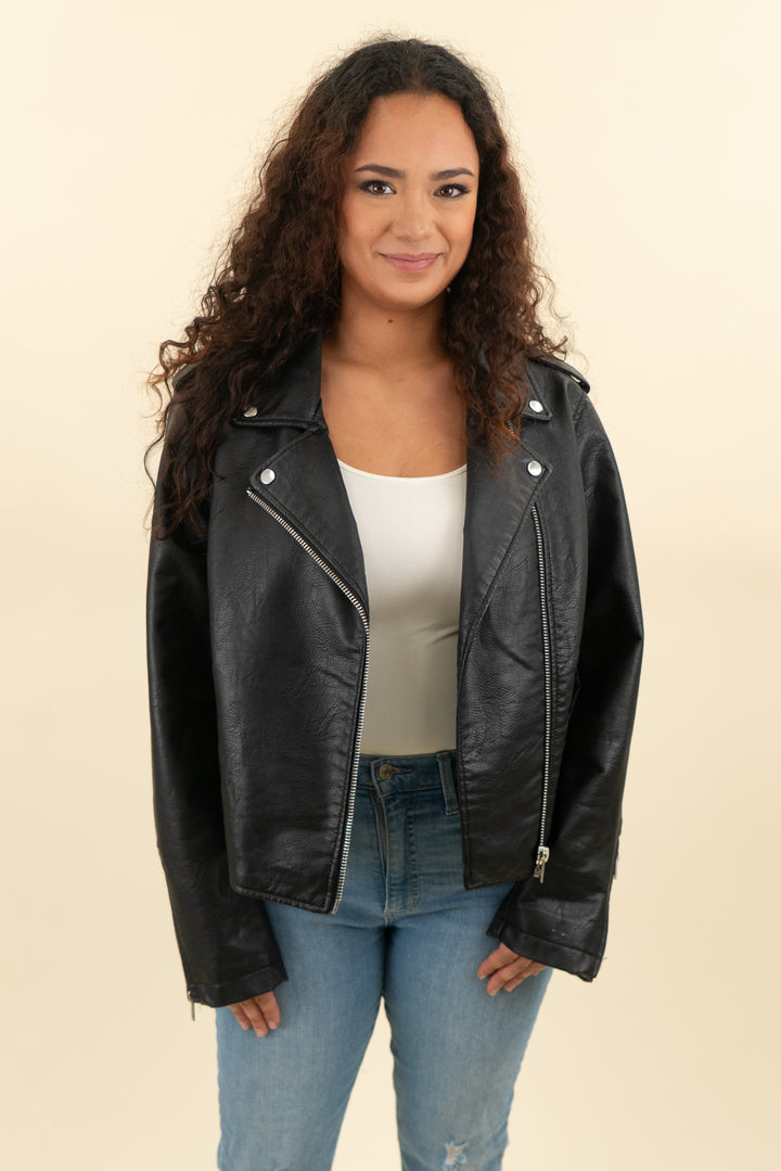 black faux leather moto jacket (l; retail $45)