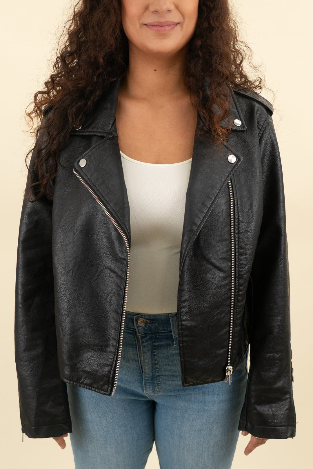 black faux leather moto jacket (l; retail $45)