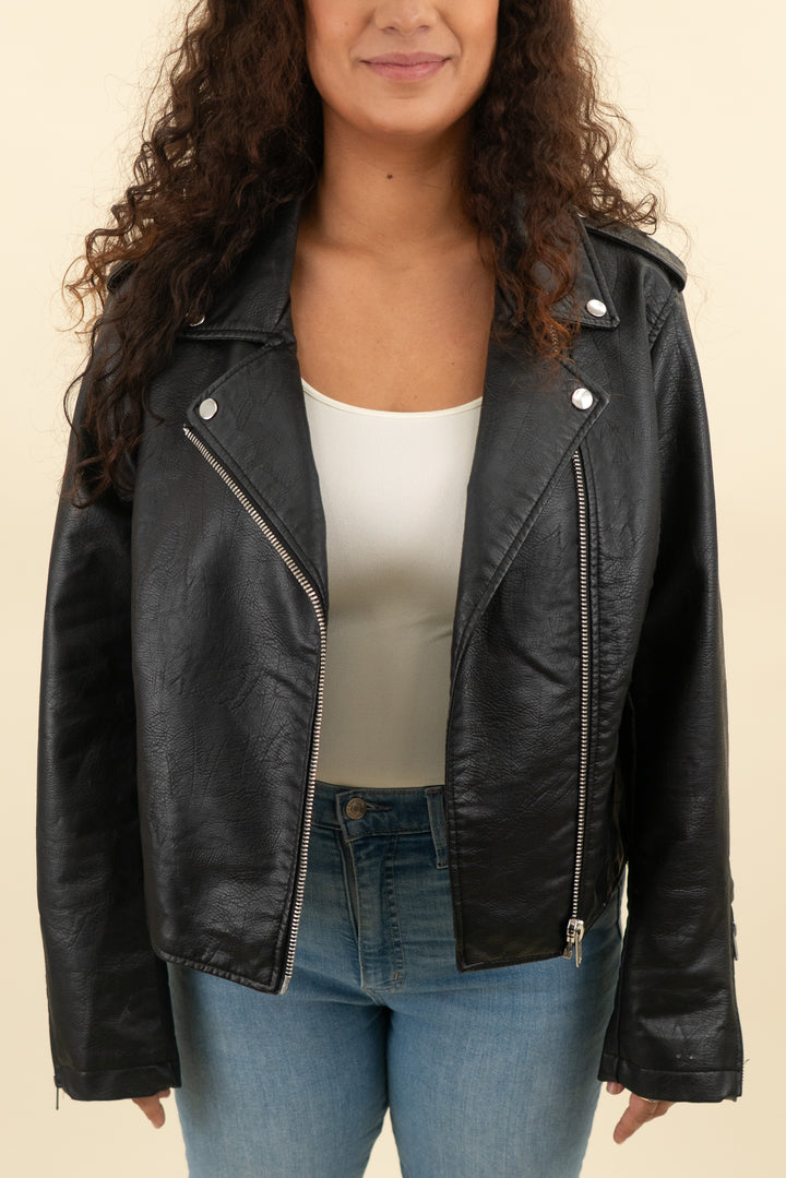 black faux leather moto jacket (l; retail $45)