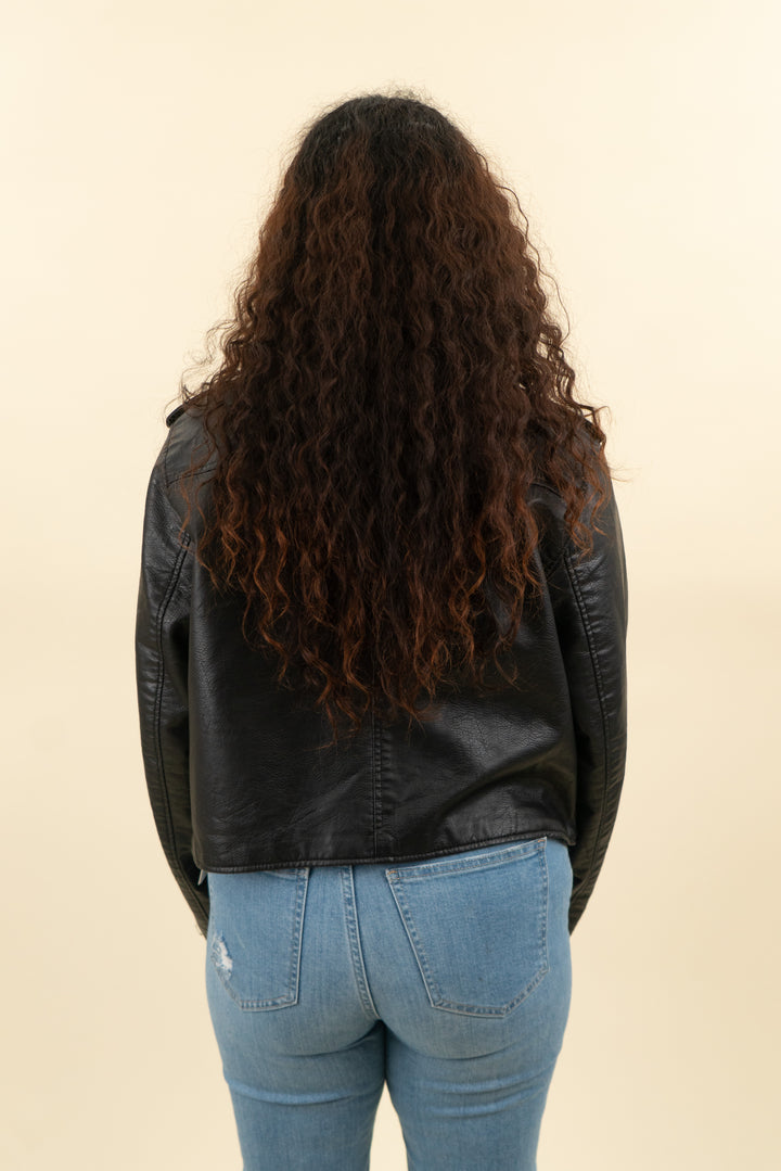 black faux leather moto jacket (l; retail $45)