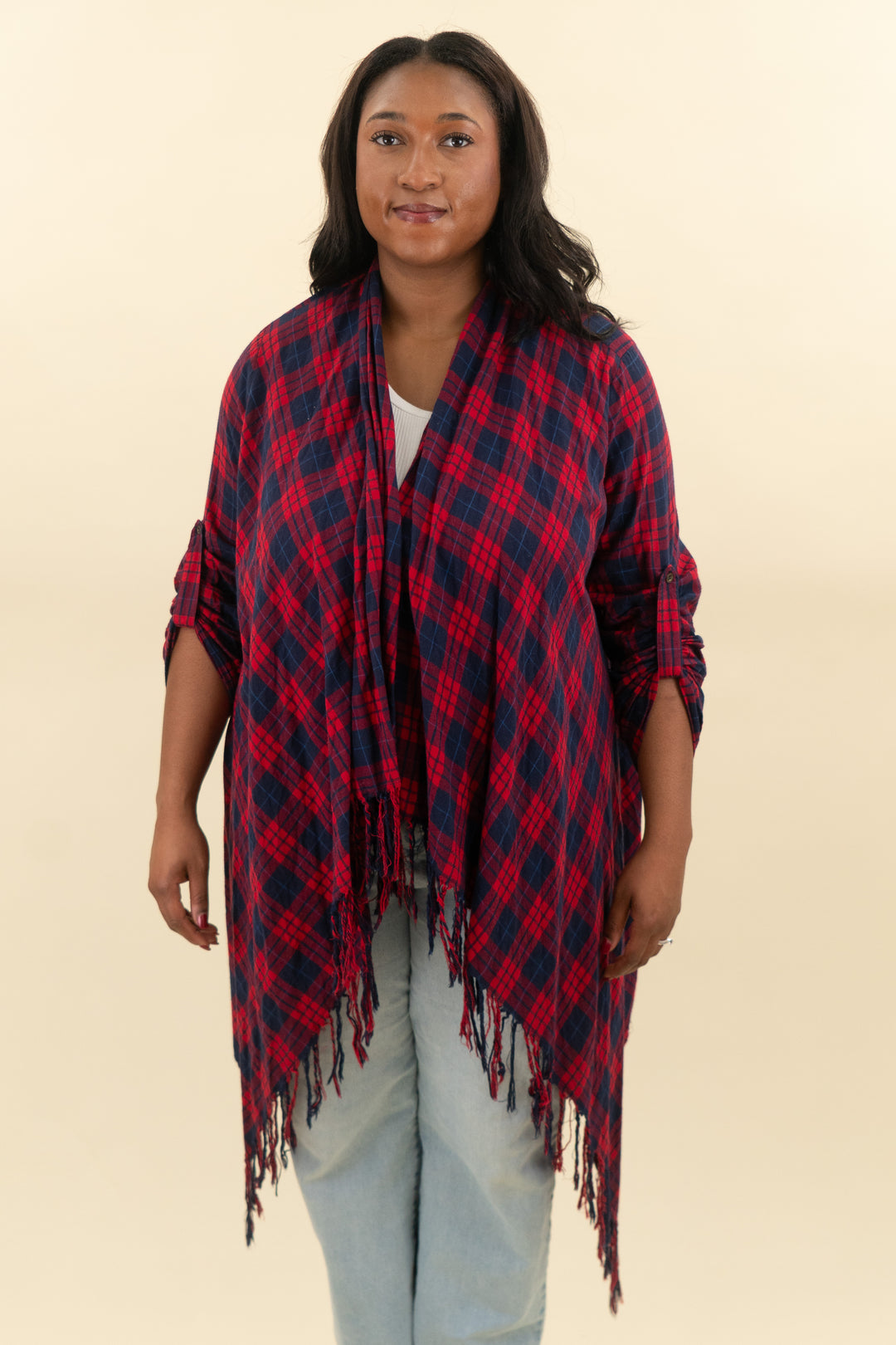 jodifl red and navy plaid fringe kimono (l; retail $60)