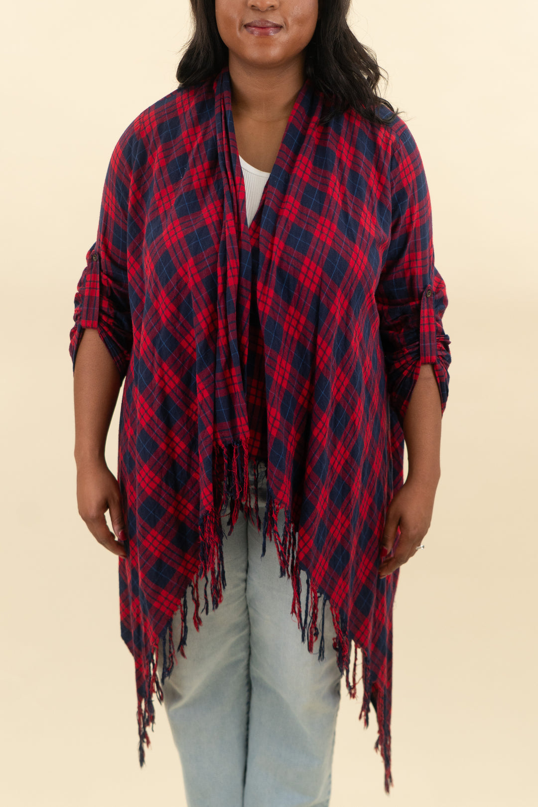 jodifl red and navy plaid fringe kimono (l; retail $60)