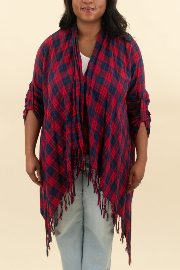 jodifl red and navy plaid fringe kimono (l; retail $60)