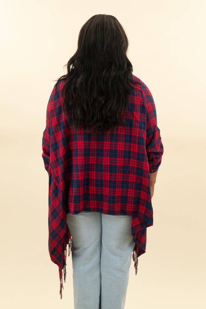 jodifl red and navy plaid fringe kimono (l; retail $60)