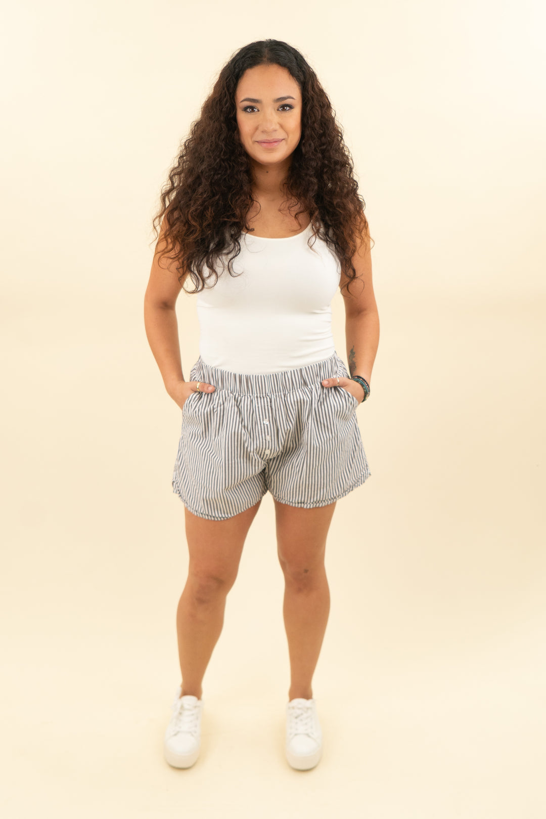 daily drills brown and white striped shorts (m/l; retail $85)