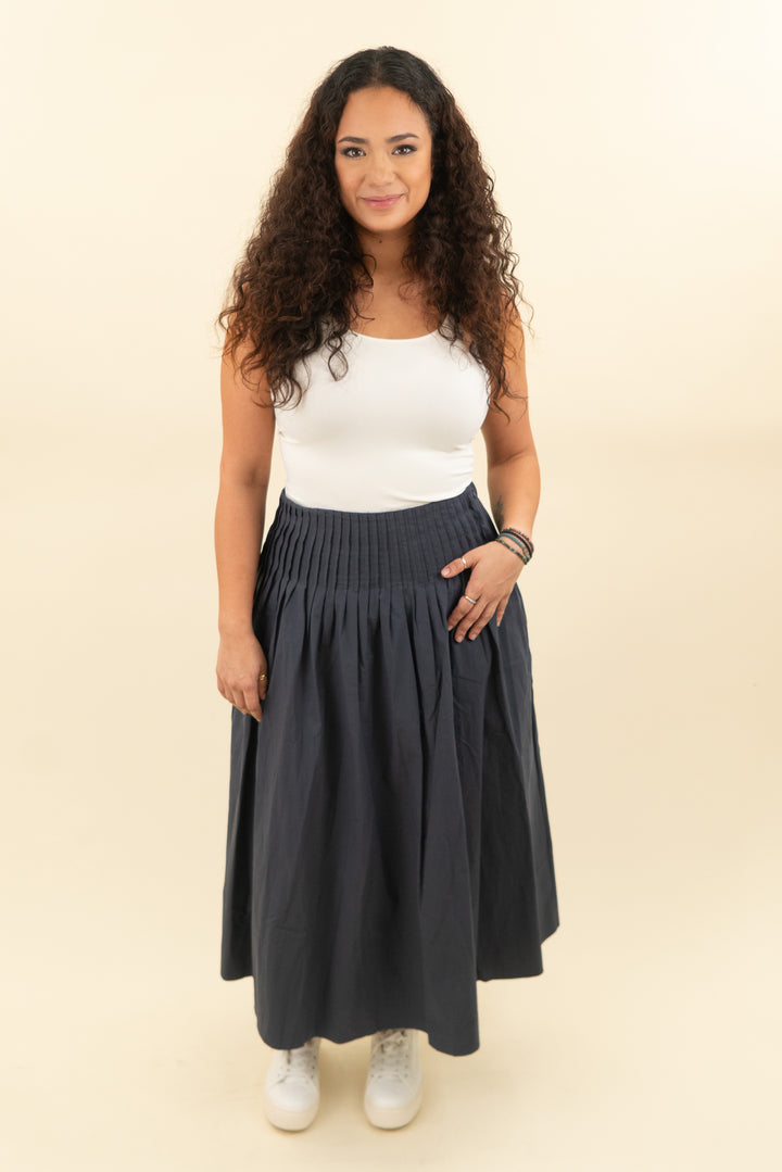 rue sophie navy cinch waist maxi skirt nwt (m; retail $198)