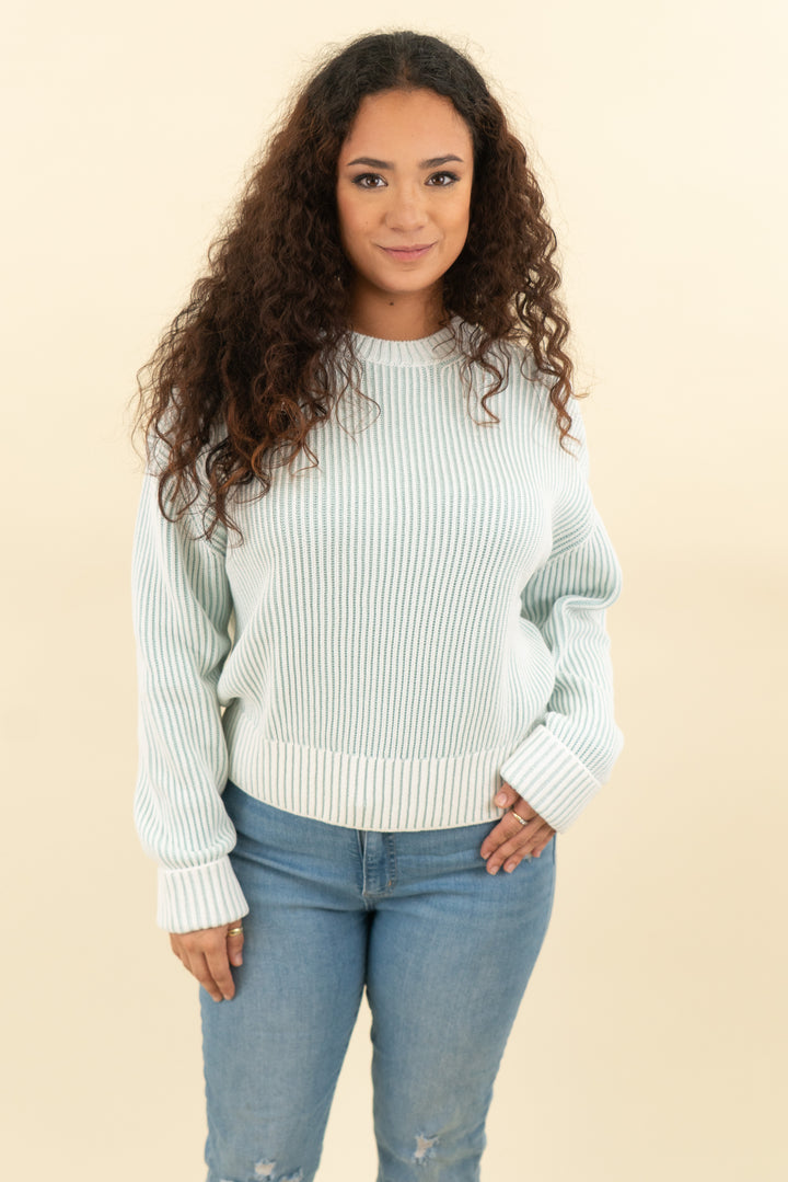varley light blue and cream striped sweater nwt (l; retail $158)