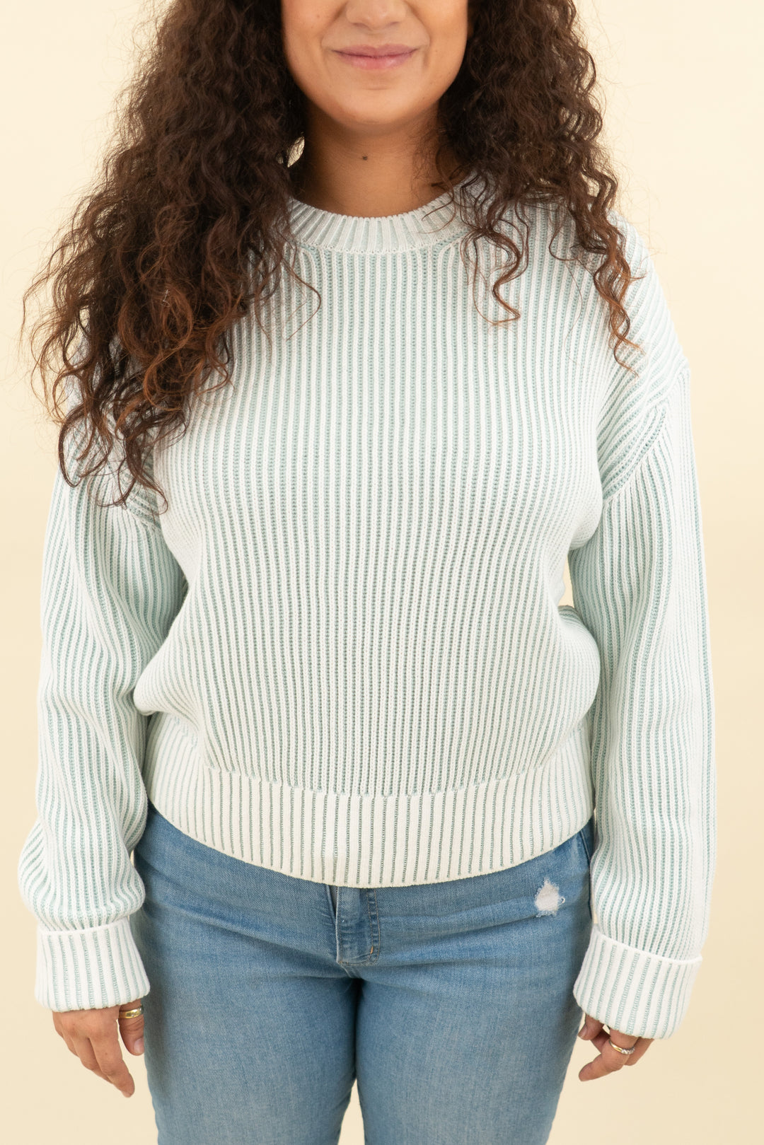 varley light blue and cream striped sweater nwt (l; retail $158)