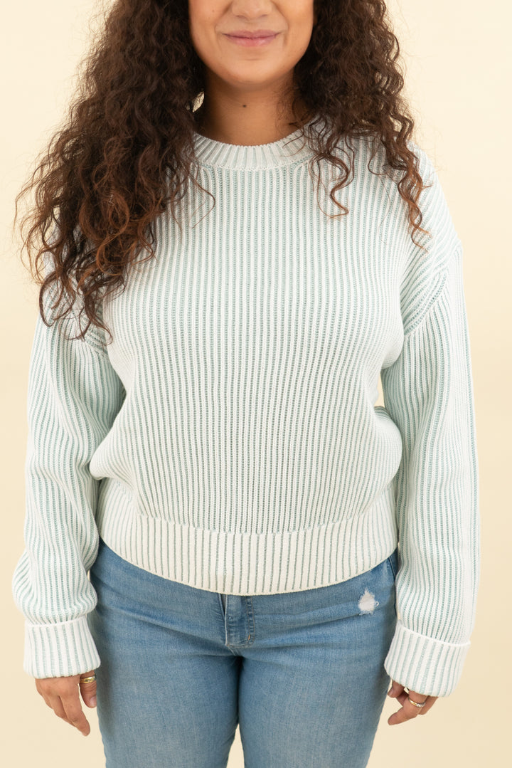 varley light blue and cream striped sweater nwt (l; retail $158)