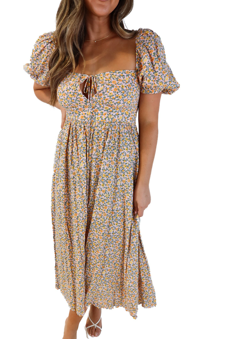 Buddy love purple/orange floral midi dress (m; retails for $180)