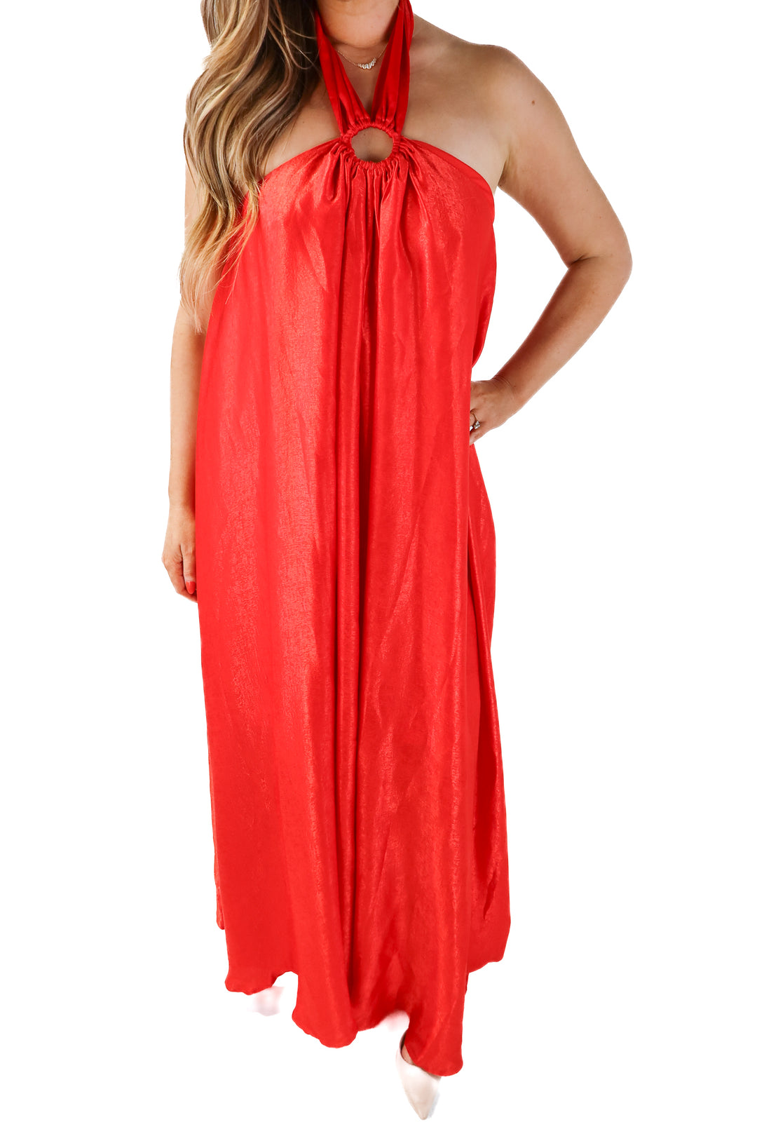 Aura red backless halter maxi dress (L)