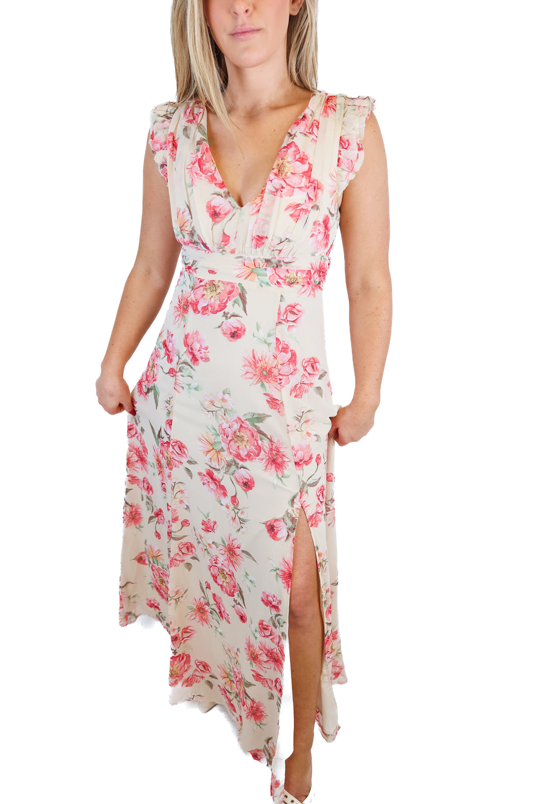 Vici Cream/Pink Floral Ruffle Maxi Dress (S)