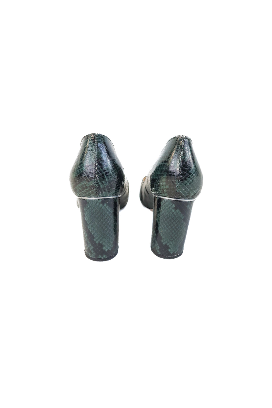 marc fisher green snakeskin heels (8; retail $89.95)