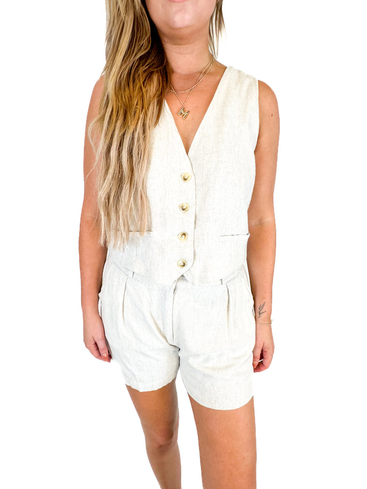 Mable Tan Linen Vest and Shorts Set (L)