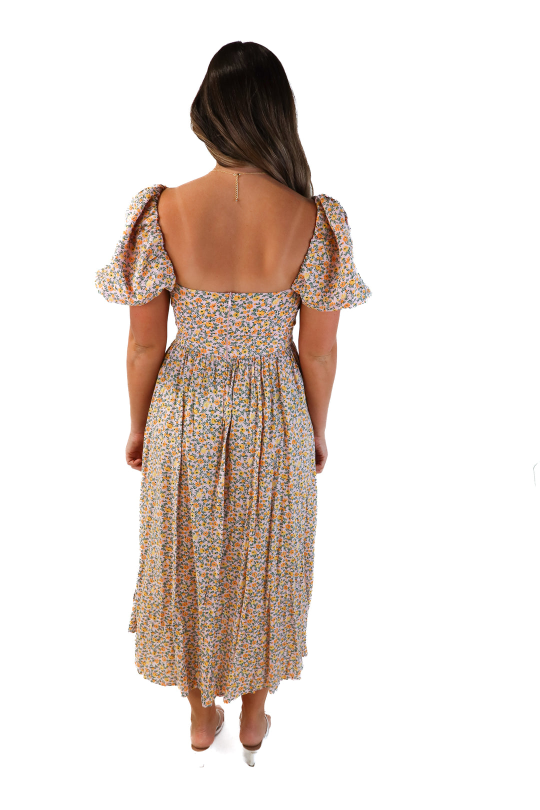 Buddy love purple/orange floral midi dress (m; retails for $180)