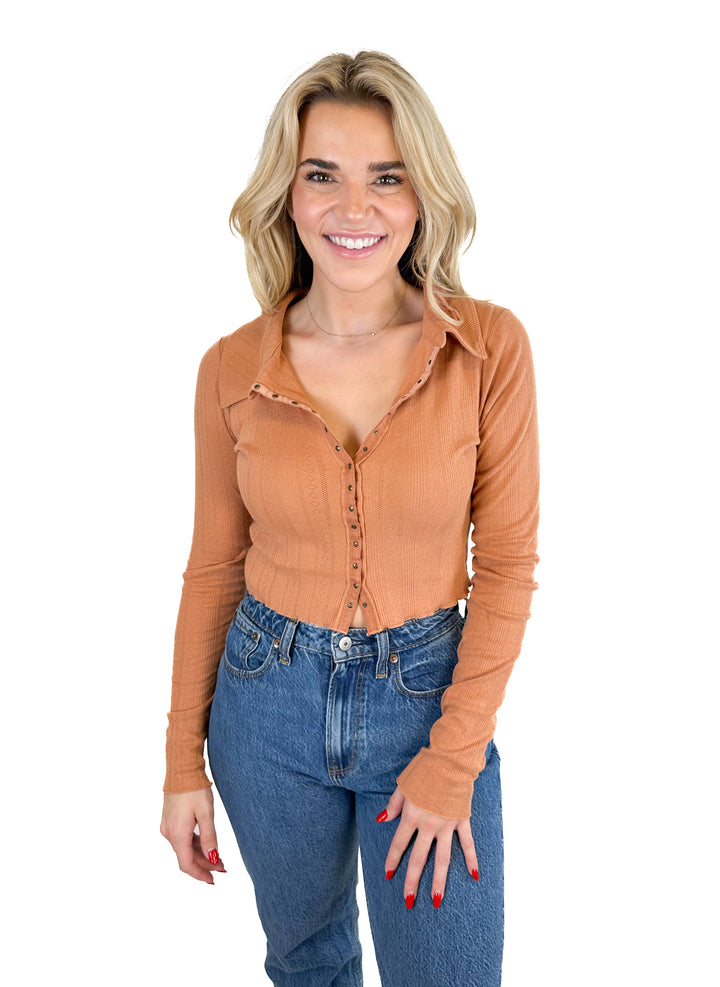 Free People Pointelle Long Sleeve Button Down Collared Top (S)