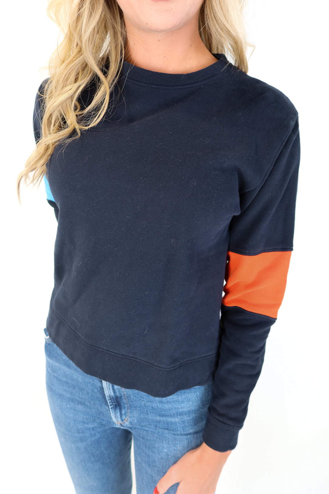 Kule Navy Colorblock Sleeve/Stripe Shirt Back Sweatshirt (S)