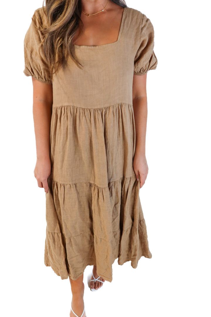 Beachwood brown linen tiered maxi dress (L/XL*; retails for $198)