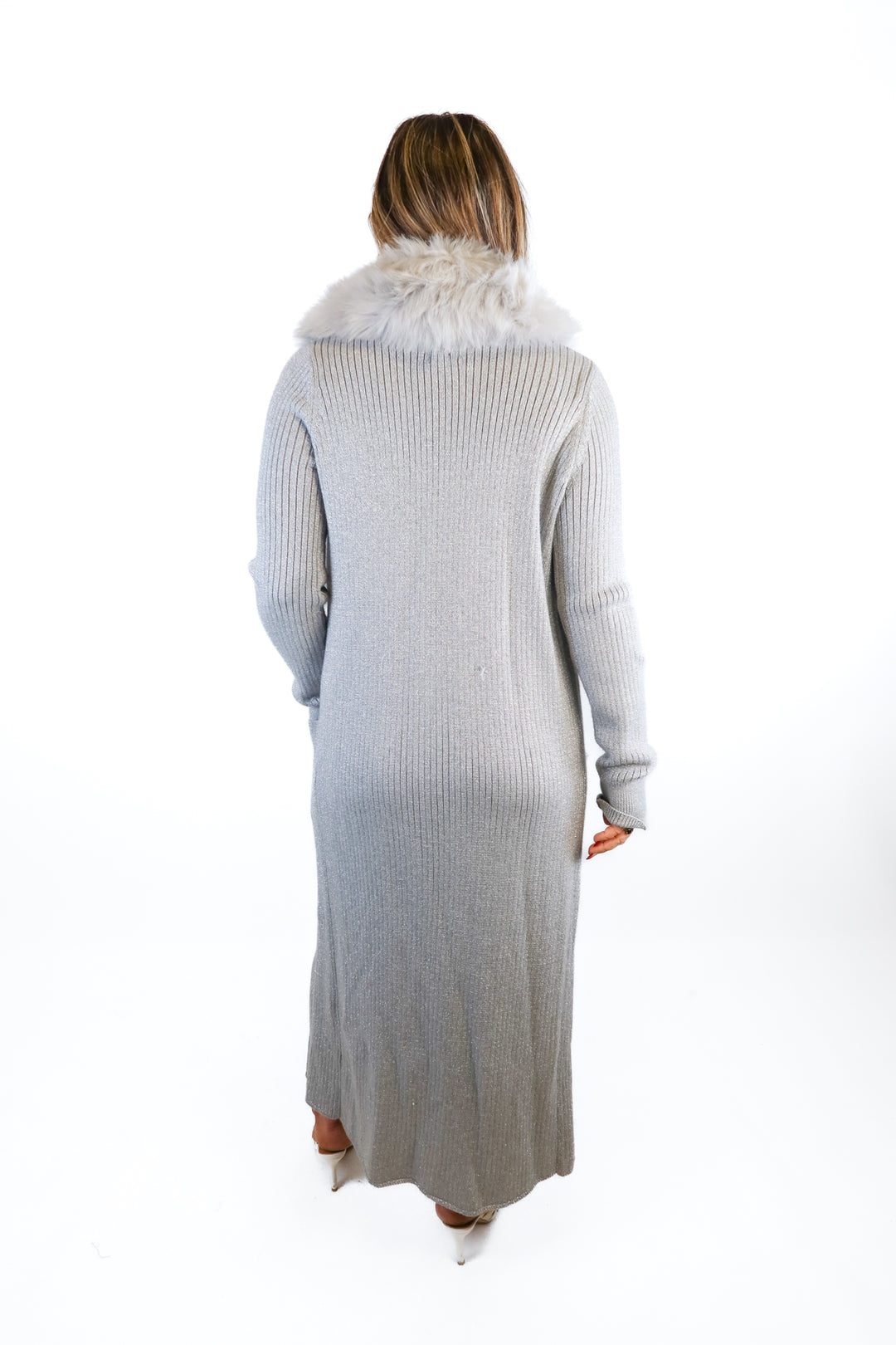 show me your mumu grey metallic fur long cardigan (s; retail $198)