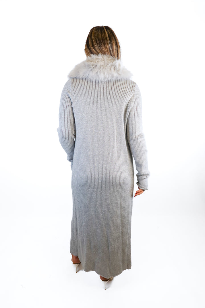 show me your mumu grey metallic fur long cardigan (s; retail $198)