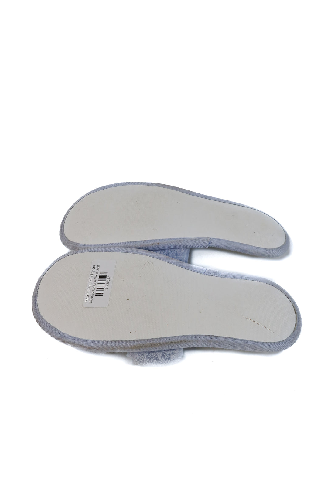 Haven blue “H” slippers (retails for $44)