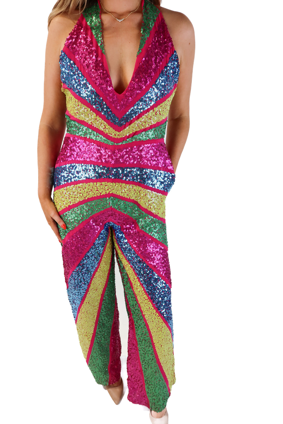 Nasty gal pink chevron sequin jumpsuit (8; retail $133)