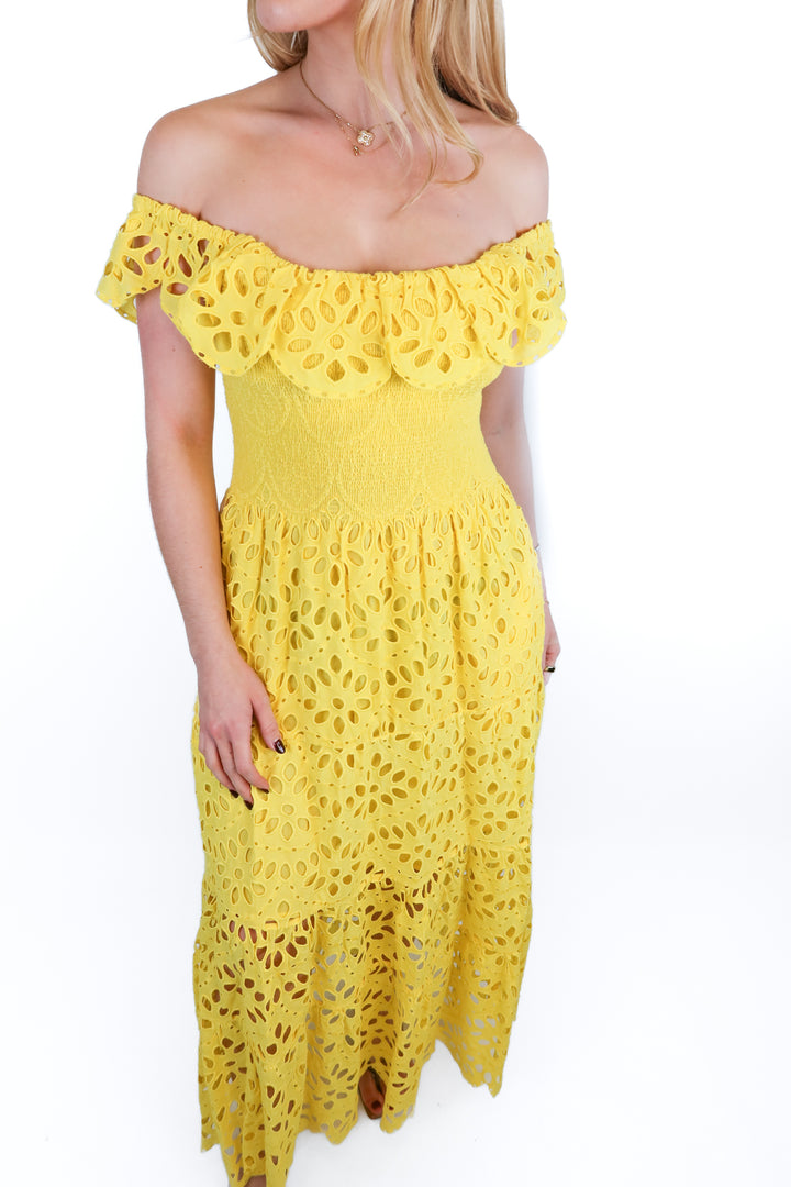 figue yellow eyelet midi dress NWT (xs) Retail is $628
