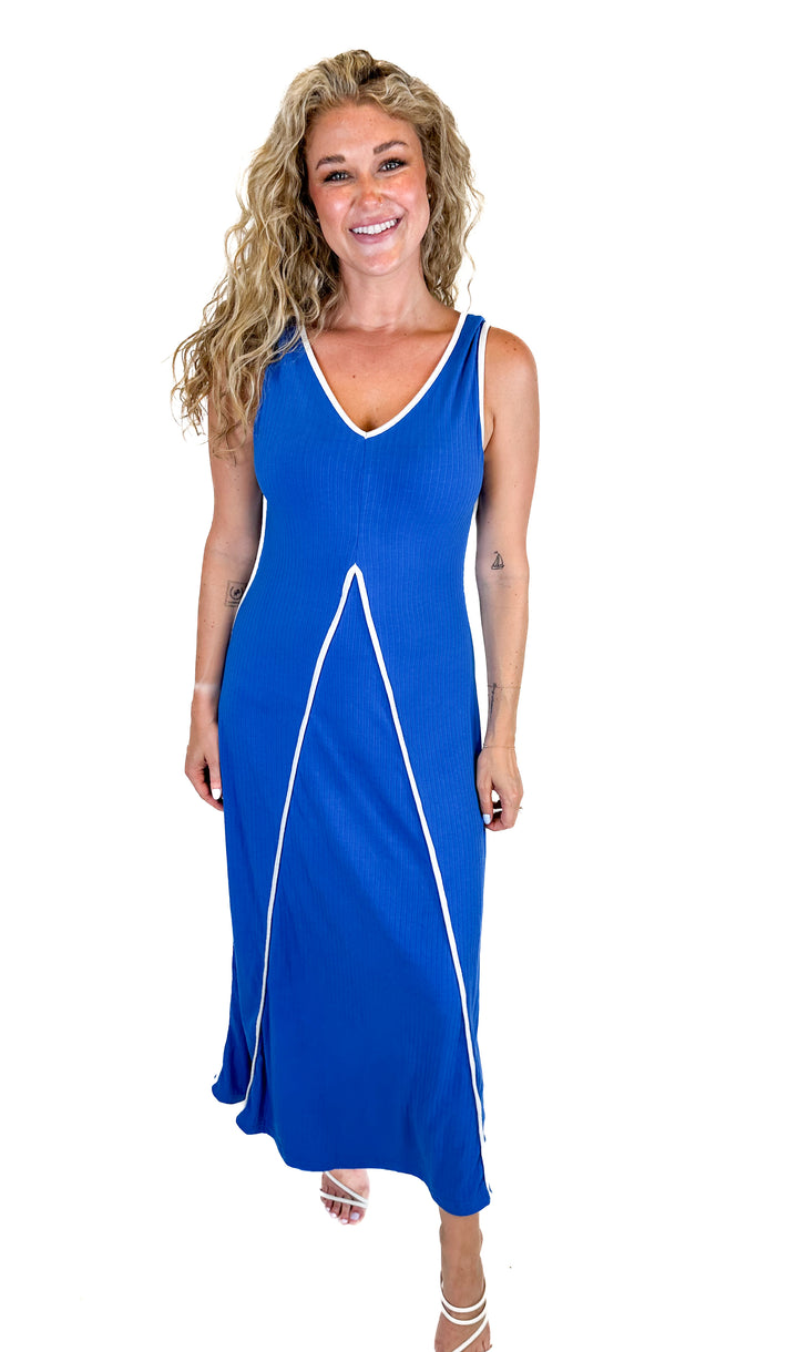 Blue Ribbed Knit Maxi Dress (M)