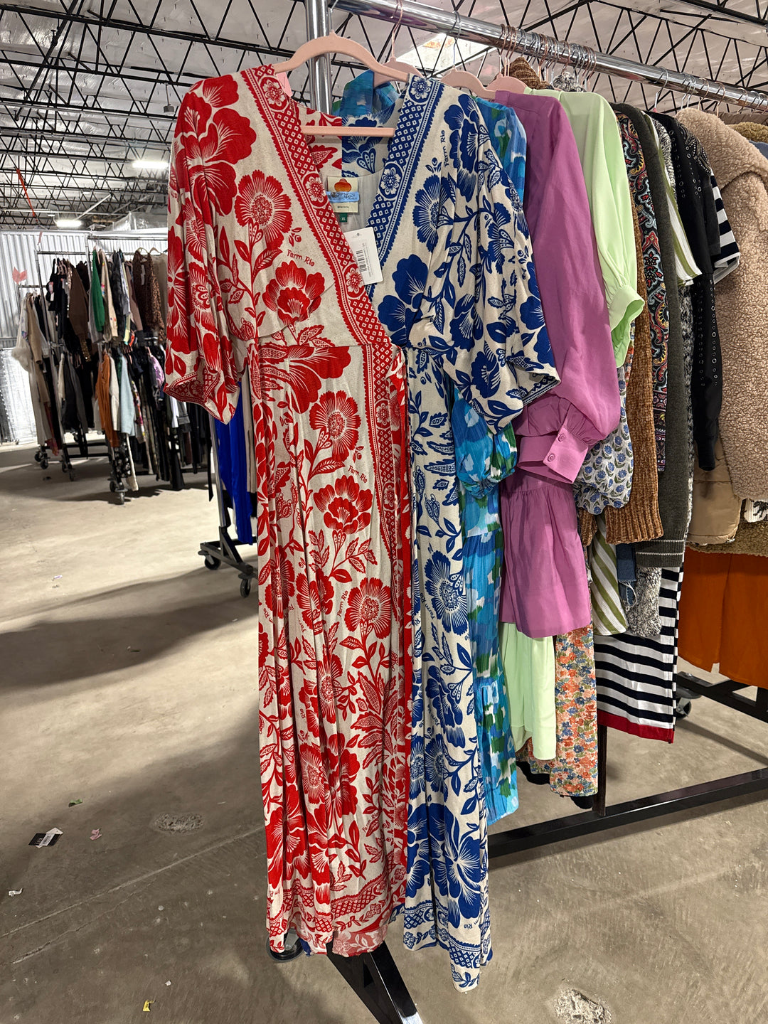 SOLD: Farm Rio Red and Blue Floral Wrap Maxi Dress (XS; retail $260)